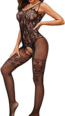 Bommi Fairy Women's Lace Mesh Lingerie Mini Dress Badydoll Fishnet Lingerie Tights Suspenders Striped Hollow-Out Lingerie Sexy Pack Hip Skirt Strapless