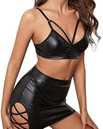 VicSec Sexy 2 Piece Leather Outfits for Women, Faux Leather Bustier Steampunk Corset, Strappy Mini Skirt PVC Crop Tops Clubwear Party Dress Nightwear Black