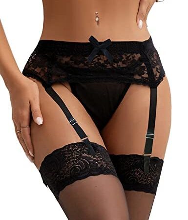 ohmydear Women Black Lace Garter Belt Plus Size Thigh High Suspender Belt Lingerie Set with 4 Adjustable Straps and G String