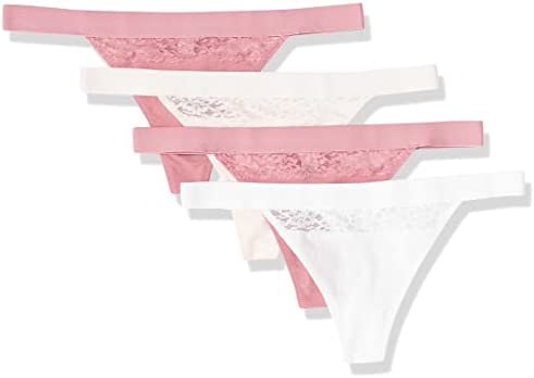 Amazon Essentials Women's Cotton and Lace Thong Knickers, Pack of 4