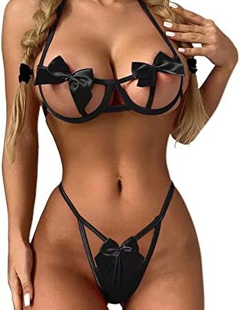 FDEETY Womens Lingerie Set Sexy Naughty Bow Sleepwear Set 2 Pieces Bra and Panty