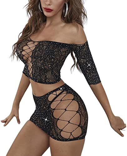 Sniff Rose Women's Mesh Cut-Out Rhinestone Studded Fishnet Bardot Lingerie Set Tube Top with Skirt Sparkly Hollow-Out Club Wear Party Dress Bodysuits Costume Set