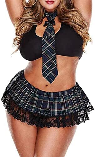 VicSec School Girl Uniform Lingerie Set for Women Plus Size Roleplay Outfits Costume Student Cosplay Mini Skirt & Mesh Crop Top for UK Size 10 12 14 16 18 (Black)