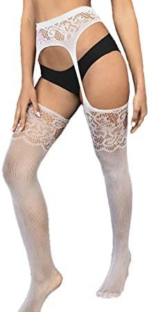 Womens Garter Stockings Sexy See Through Fishnet Tights Hollow Floral Suspender Pantyhose Lace Thigh High Stockings Leggings for Women