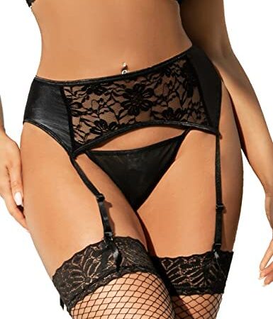 ohyeahlady Women Lace Faux Leather Suspender Belt Garter Plus Size Lingerie Set with 4 Straps and G-String for Stockings Black Size UK 8-24