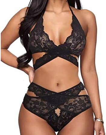 EVELIFE Women Floral Lace Lingerie Set Halter Criss-Cross Strap Bra and Panties Babydoll Underwear