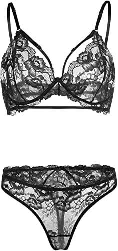marysgift Lingerie Sets for Women Lace Mesh Hollow Underwear Babydoll Nightwear Wireless Bra Set UK 6 8 10 12 14 16 18