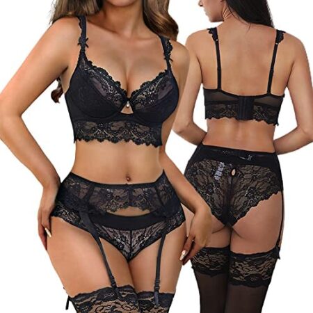 Women Push Up Embroidery Bras Set Lace Lingerie Bra and Panties and Socks 4 Piece