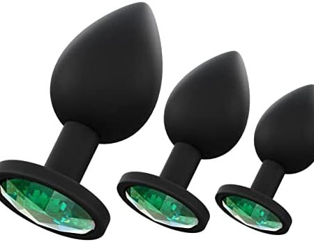 Set of 3 bed geek Diamond Jewelled Butt Plugs for Anal Training (Black) - Soft Silicone Butt Plug Starter Kit with Flared Base - Adult Fetish Toys with Velvet Gift Bag for Couples and Solo Play