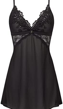 Ann Summers - The Icon Black Chemise Night Dress for Women, Satin Chemise Nightie Shoulder Strap with Lace Trims - Women's Nightwear - Women's Lingerie Sets, Size