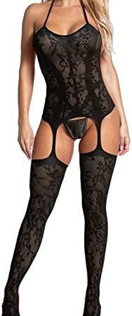 CheChury Women's Lingerie Set with Suspenders and Stockings Lace Halter Nightwear One Piece Underwear for Ladies Corset Bodysuit with Thongs Sleepwear