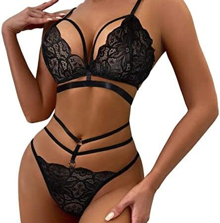 QKEPCY 2 Piece Women's Lingerie Set Women Sexy Lingerie See Through Sheer Lace Bra and Panties Set Flirty Lingerie Panty Suspender for Women Bralette Strappy Underwear Outfits