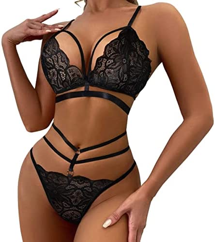 QKEPCY 2 Piece Women's Lingerie Set Women Sexy Lingerie See Through Sheer Lace Bra and Panties Set Flirty Lingerie Panty Suspender for Women Bralette Strappy Underwear Outfits