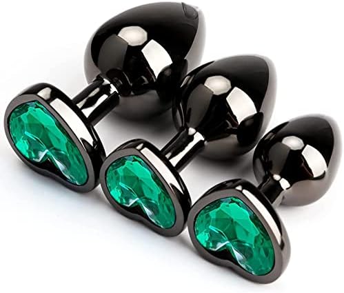 3Pcs Set Luxury Metal Butt Toys Heart Shaped Anal Trainer Jewel Butt Plug Kit S&M Adult Gay Solo Sexxy Anus Anal Plugs Woman Men Sex Gifts Things for Beginners Couples Large/Medium/Small (Green)